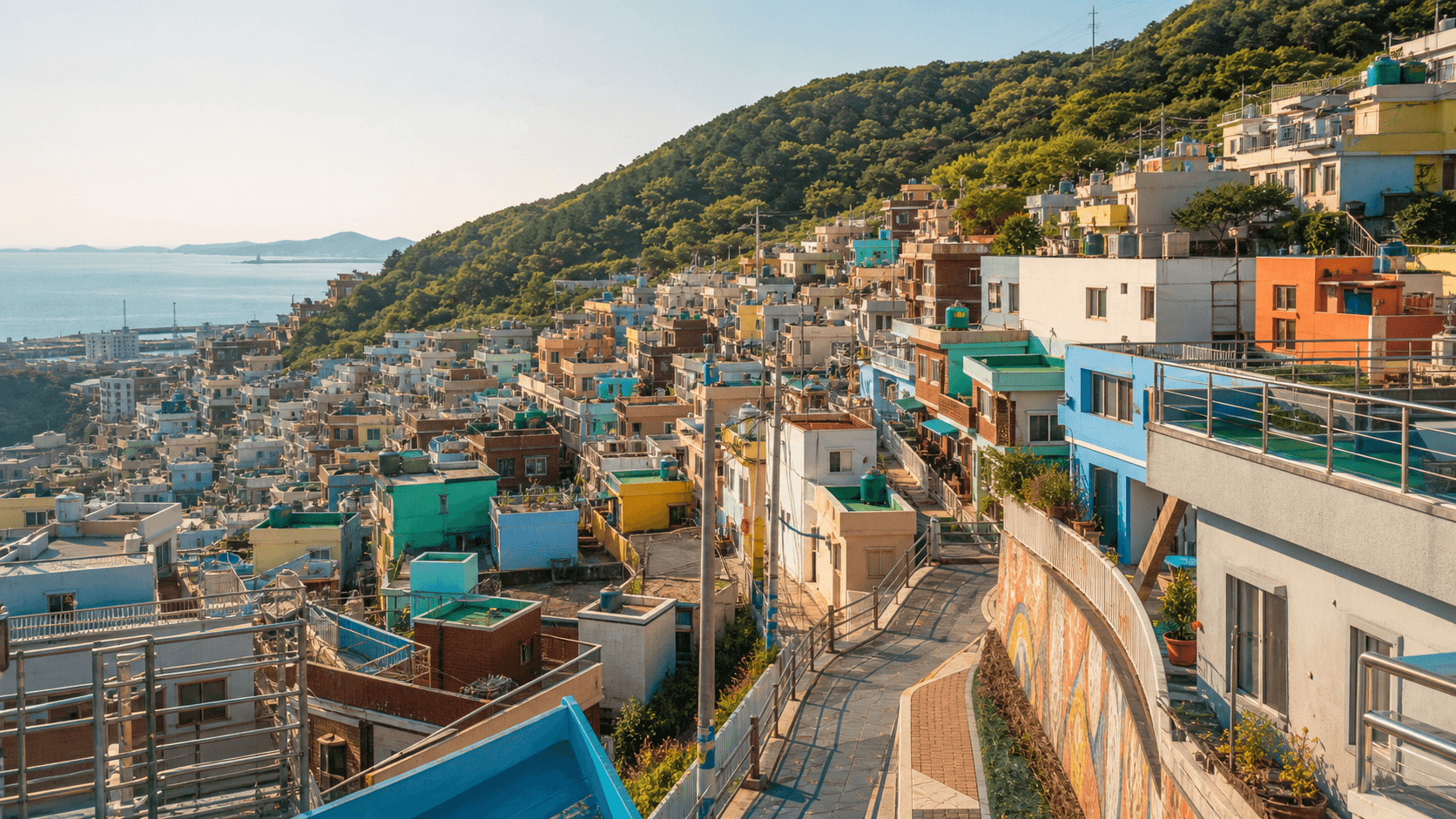 Pastel hillside houses inspired by Gamcheon Culture Village